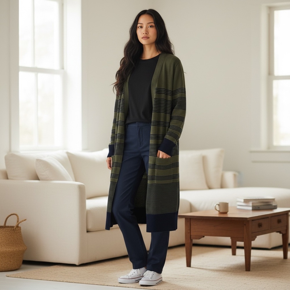 Talbots Long Stripe Open Cardigan
